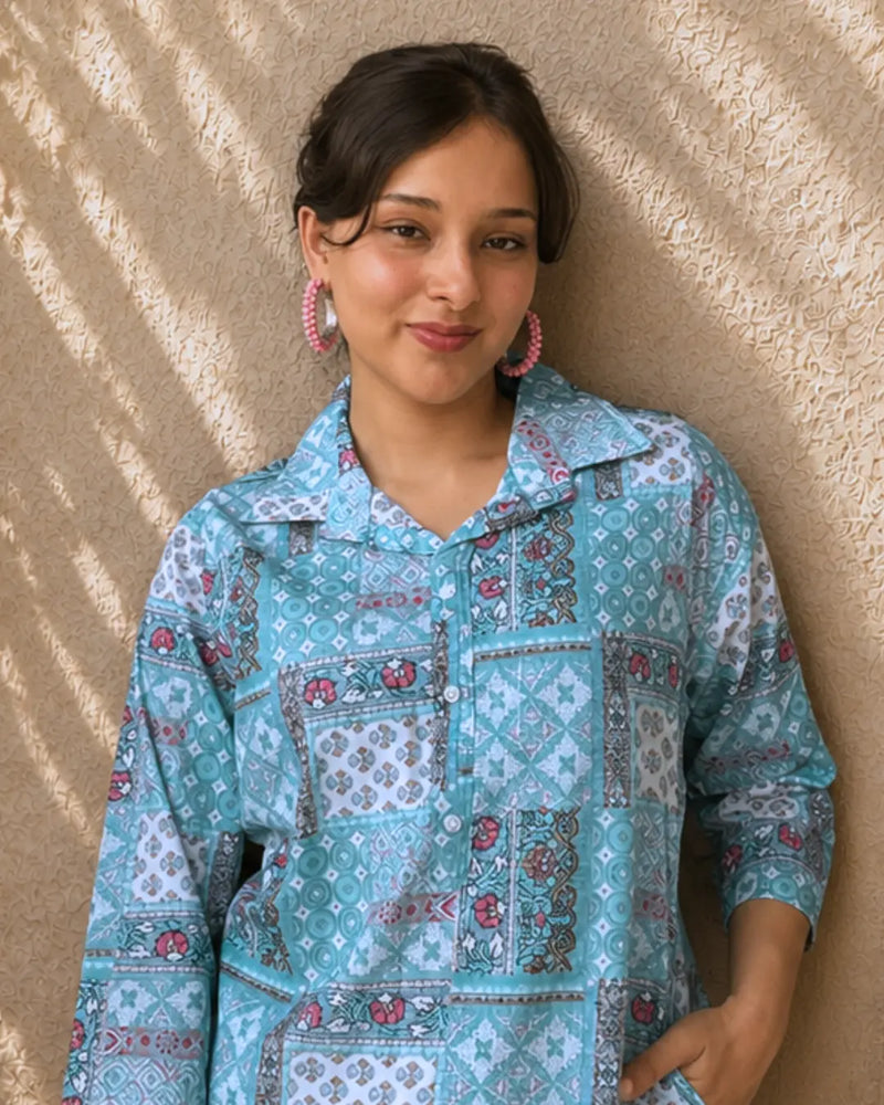 Aqua Patchwork Grace Short Kurti