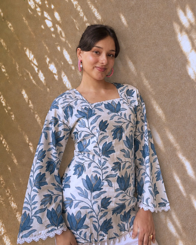 Indigo Bloom Cotton Short Kurti