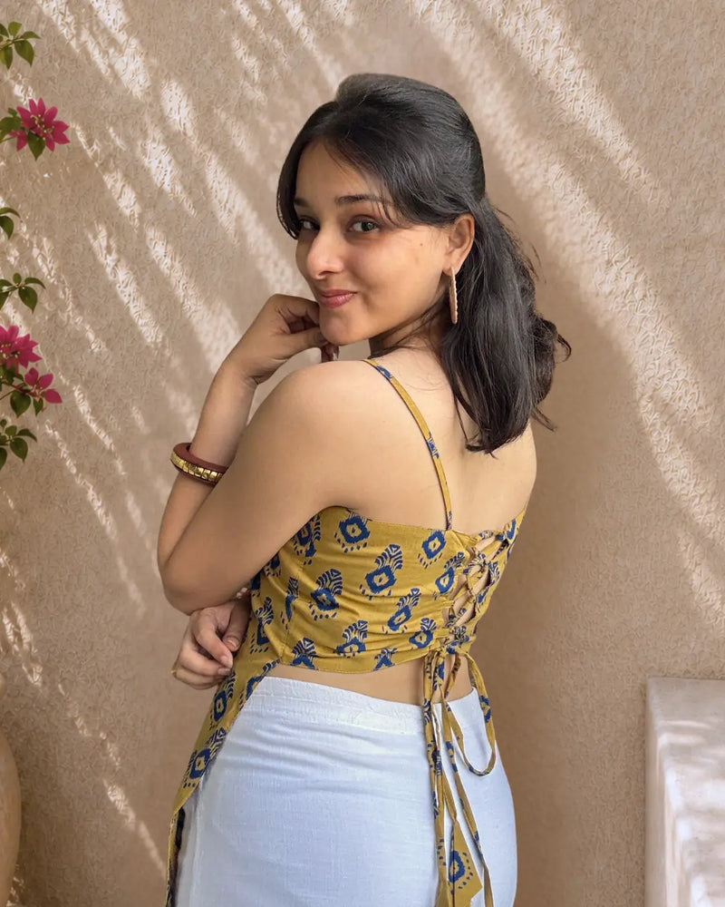 Mustard Muse Cut-Out Back Cotton Short Kurti
