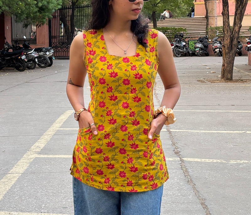 Sunny Bloom Cotton Short Kurti with Pockets