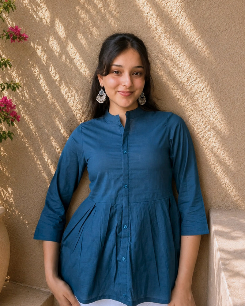 Teal Elegance Pleated Cotton Short Kurti