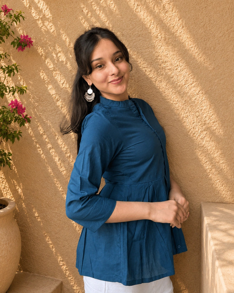 Teal Elegance Pleated Cotton Short Kurti