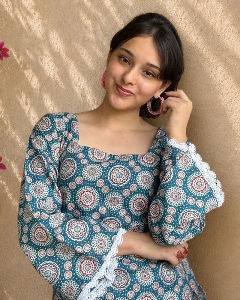 Teal Katha Charm Cotton Short Kurti