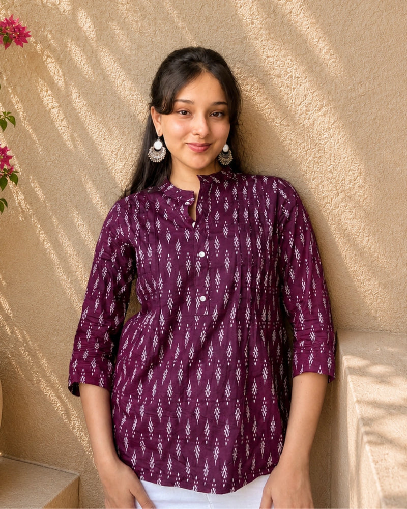 Wine Grace Pintuck Cotton Short Kurti