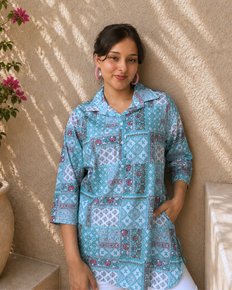 Aqua Patchwork Grace Short Kurti