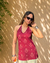 Berry Bloom Halter Neck Cotton Short Kurti