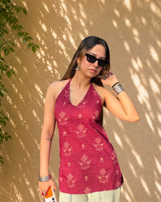Berry Bloom Halter Neck Cotton Short Kurti