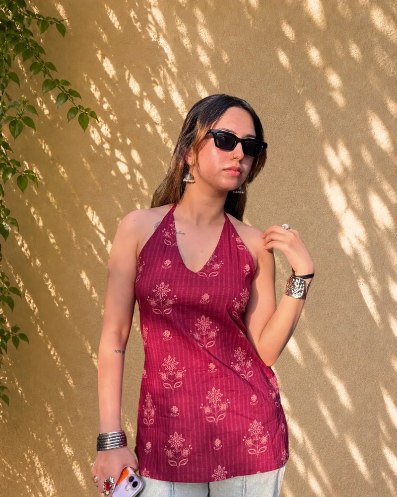 Berry Bloom Halter Neck Cotton Short Kurti