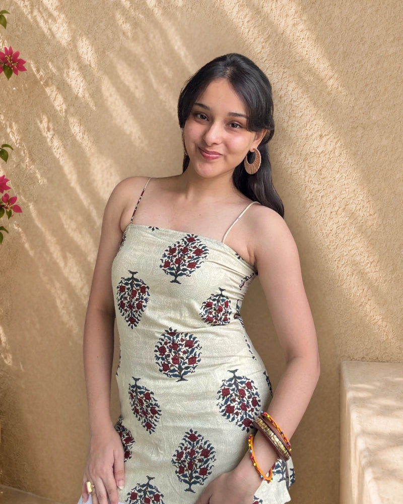Ivory Bloom Spaghetti Strap Corset Cotton Short Kurti