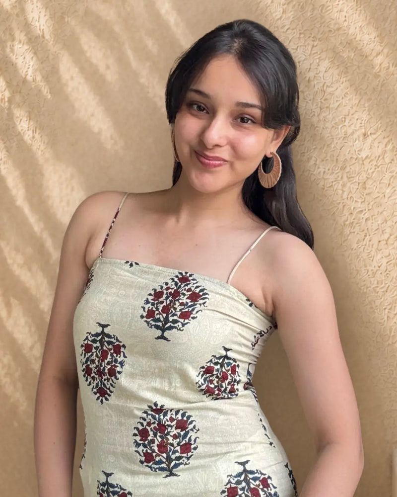 Ivory Bloom Spaghetti Strap Corset Cotton Short Kurti
