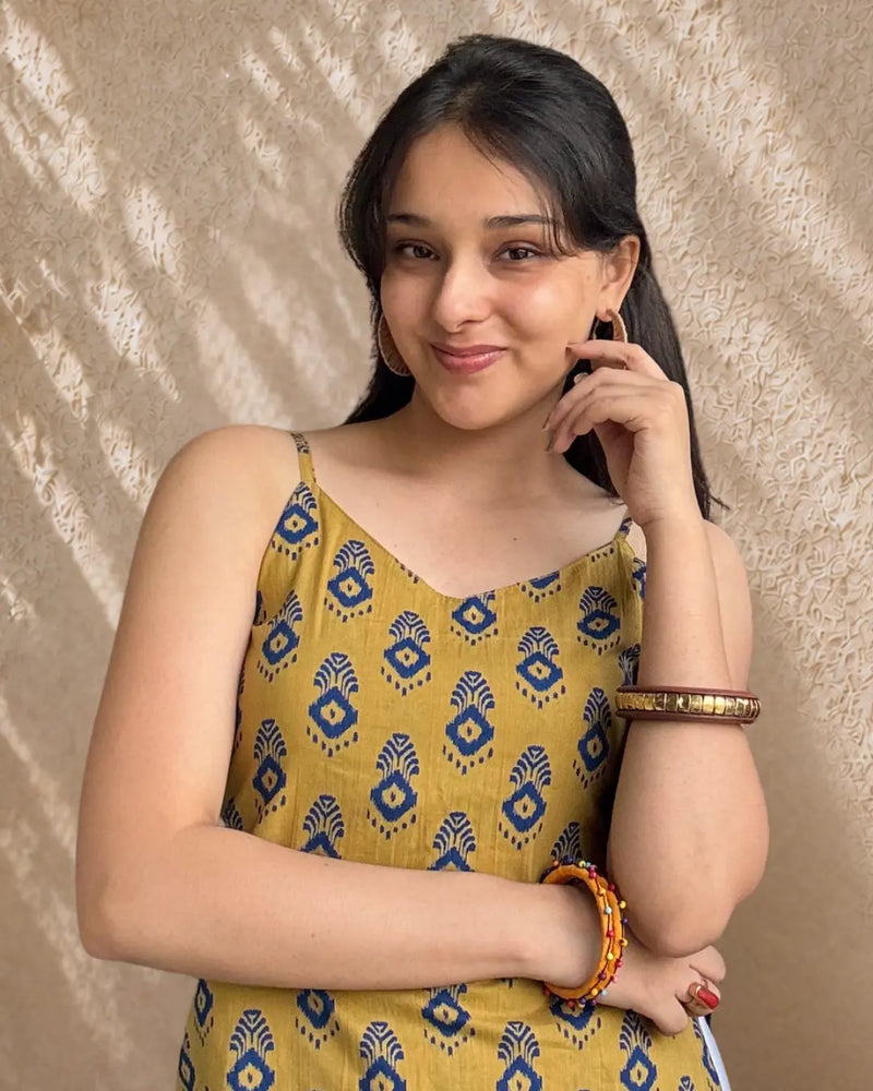 Mustard Muse Cut-Out Back Cotton Short Kurti