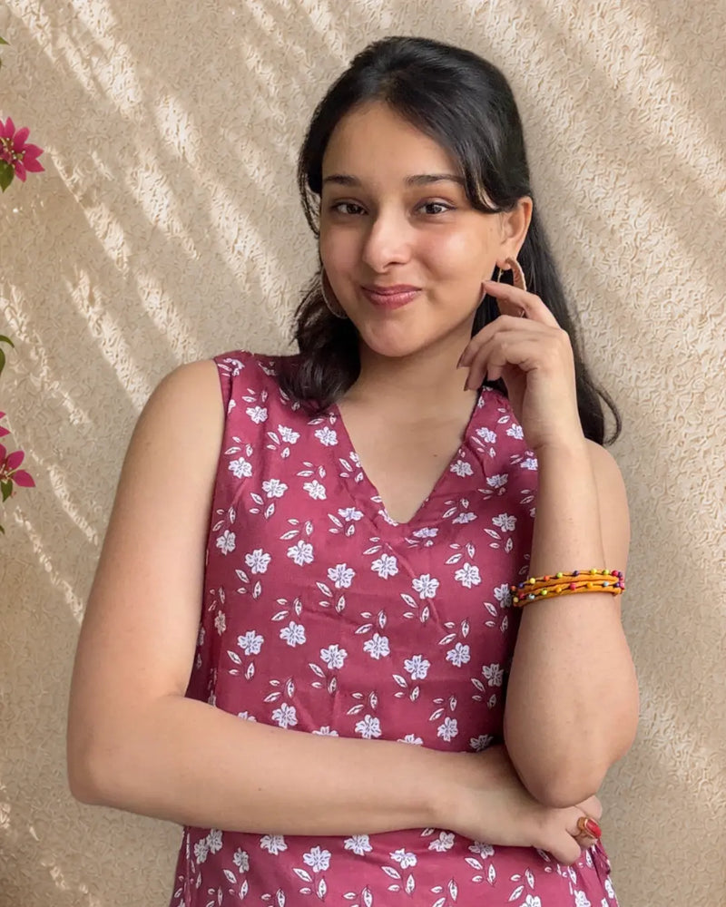 Rosewood Bloom Tie-Up Cotton Short Kurti