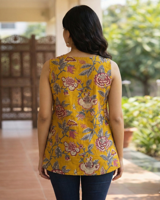 Woman wearing a yellow floral sleeveless top outdoors