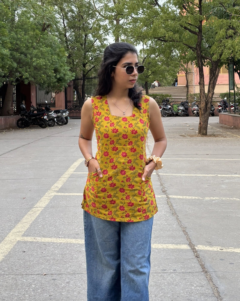 Sunny Bloom Cotton Short Kurti with Pockets