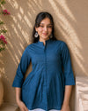 Teal Elegance Pleated Cotton Short Kurti
