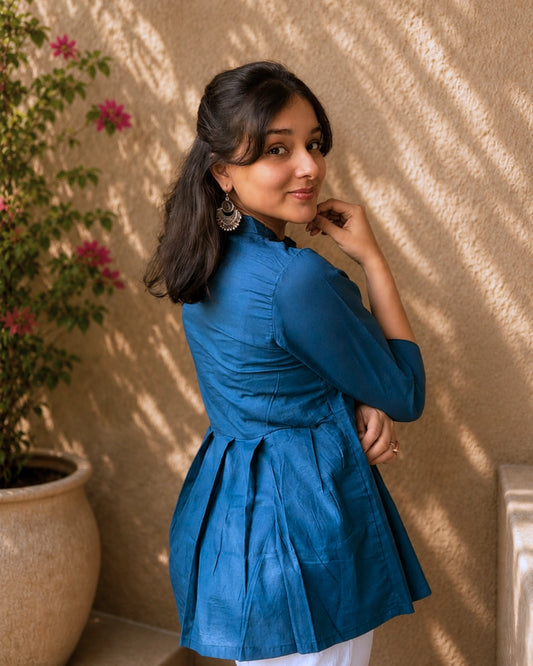 Teal Elegance Pleated Cotton Short Kurti