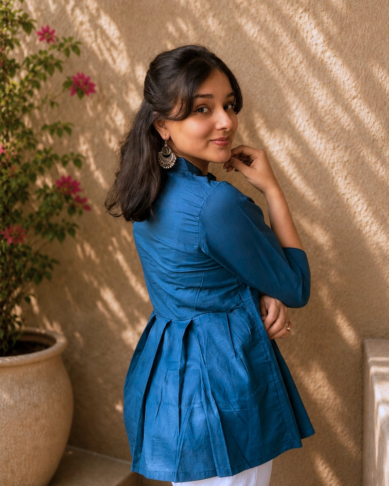 Teal Elegance Pleated Cotton Short Kurti