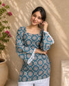 Teal Katha Charm Cotton Short Kurti