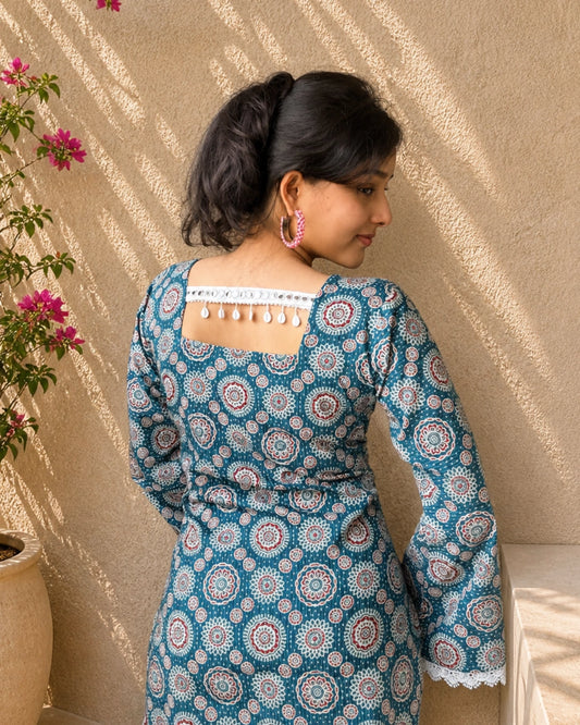 Teal Katha Charm Cotton Short Kurti