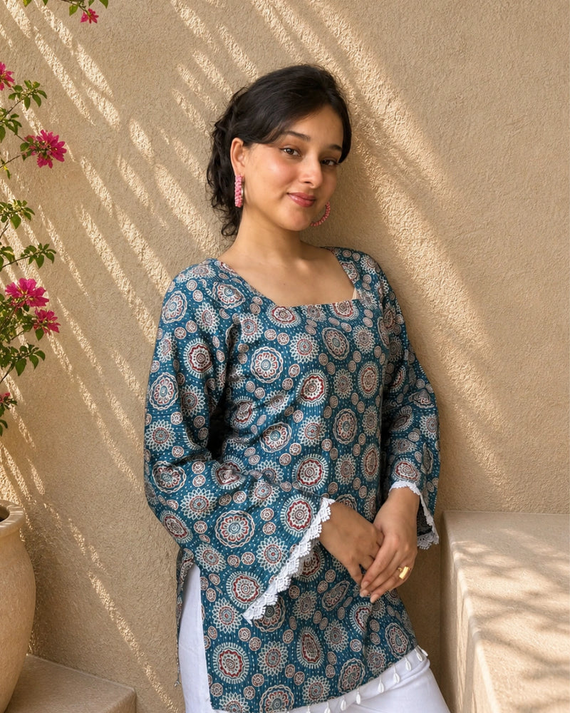 Teal Katha Charm Cotton Short Kurti