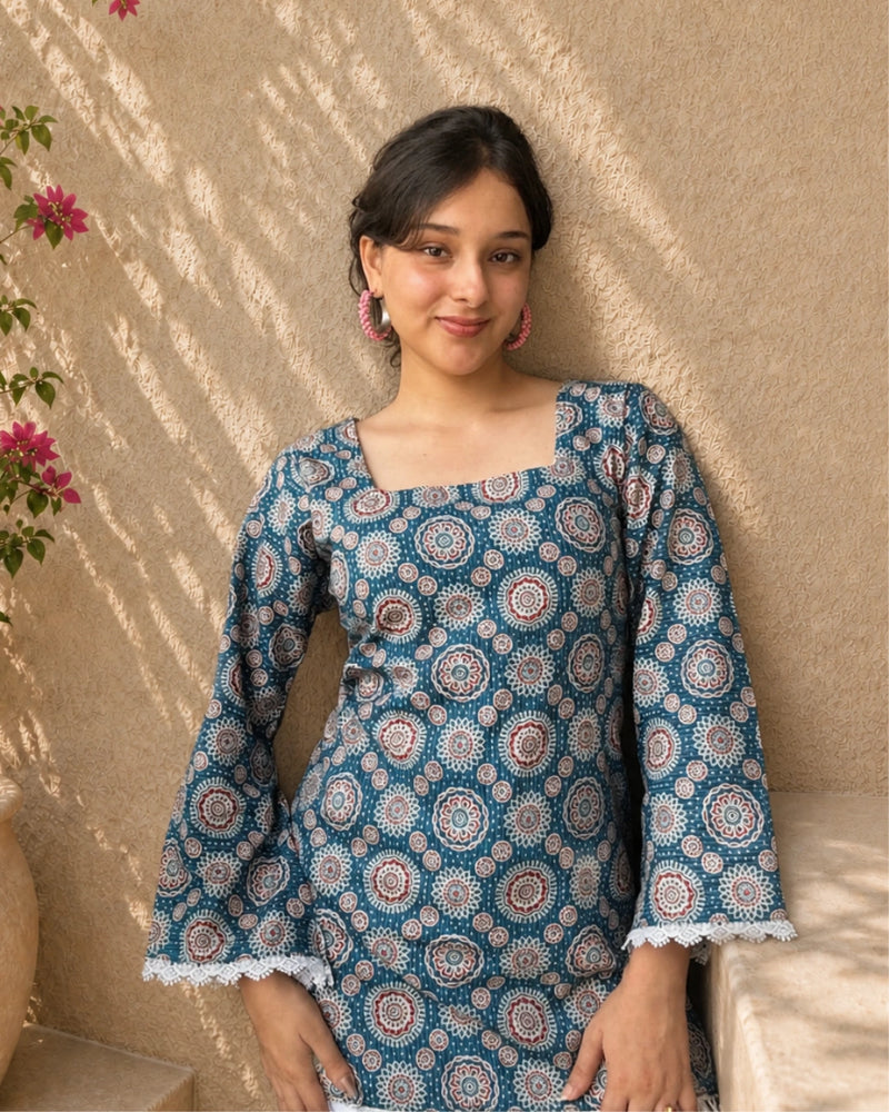 Teal Katha Charm Cotton Short Kurti