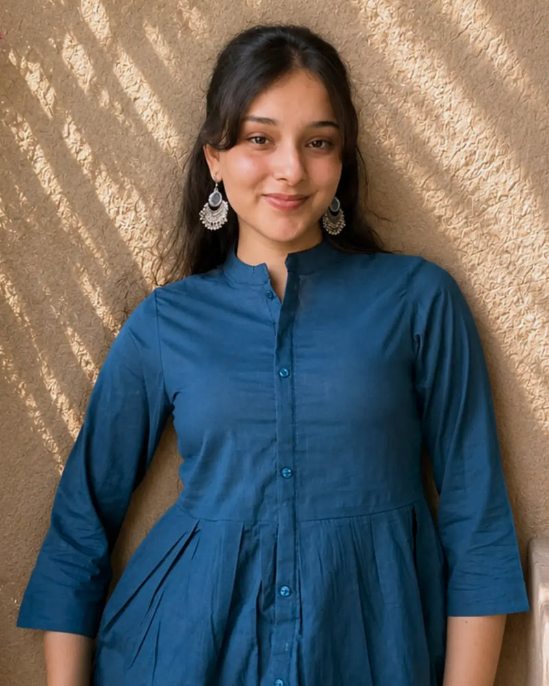 Teal Elegance Pleated Cotton Short Kurti