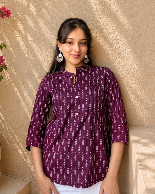 Wine Grace Pintuck Cotton Short Kurti