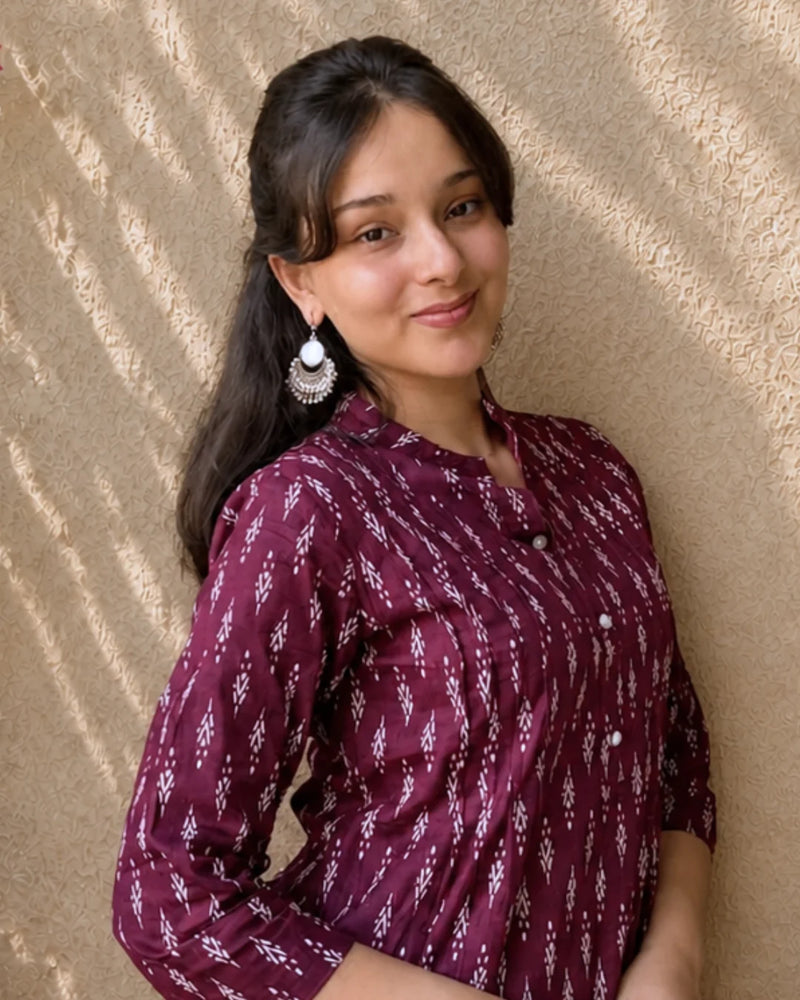 Wine Grace Pintuck Cotton Short Kurti