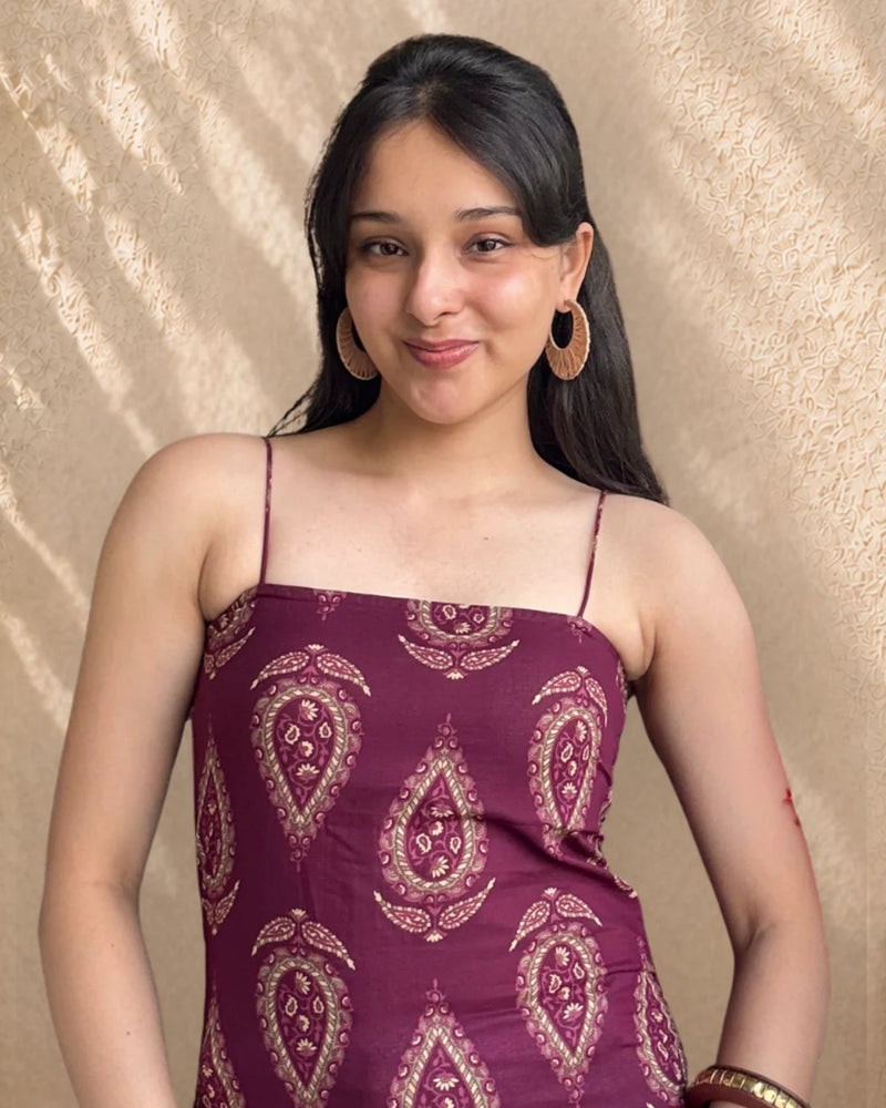 Wine Paisley Spaghetti Strap Corset Cotton Short Kurti